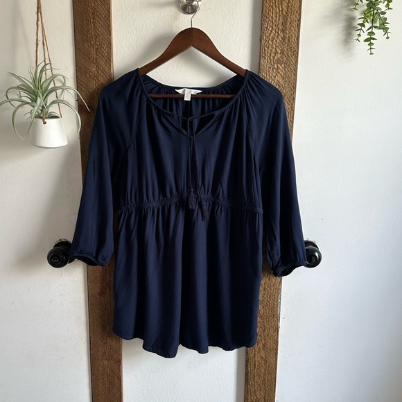 A:Glow Maternity Women’s Navy Blue Rayon Blouse Tassel Strings Size Small - Picture 4 of 12